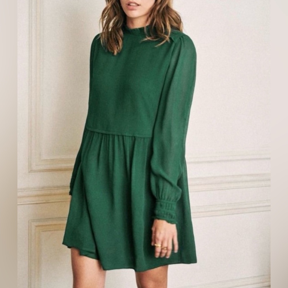 Sezane emerald green chiffon smock neck robe odile dress size 34
